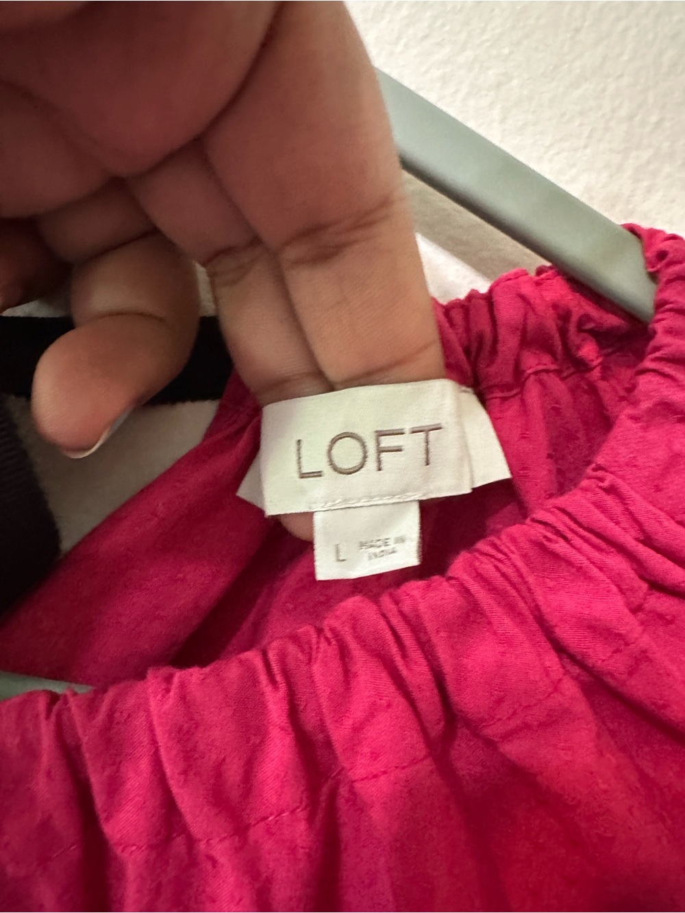 LOFT Pink Cotton Ruffle Blouse L Open Back Black Bow Tie Fuchsia Textured Top - Picture 9 of 11